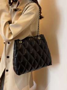 Large Capacity Fashion Tote Bag With Embroidered Diamond Pattern, Soft Winter Chain Shoulder & Crossbody Bag For Women - Black - View 5