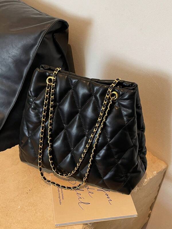 Large Capacity Fashion Tote Bag With Embroidered Diamond Pattern, Soft Winter Chain Shoulder & Crossbody Bag For Women