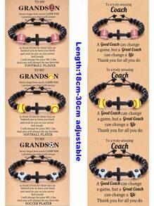 1 Piece Of Sports Style Personalized Black Matte Stone Beads Cross Beaded Bracelet Simple Rugby Tennis Softball Basketball Baseball Soccer Mom Hand-Woven Bracelet With Blessing Kraft Paper Card Suitable For Gift Giving To Son Or Daughter - Multicolor - View 7