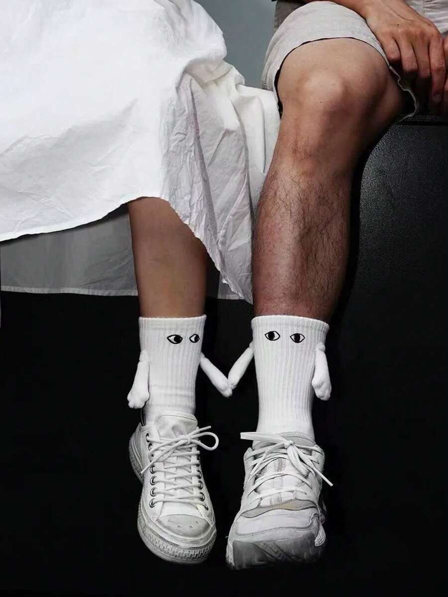 Syviss 2pairs Unisex Couple Matching Solid Color Funny Personalized Mid-Calf Socks For Holding Hands - Multicolor - View 1