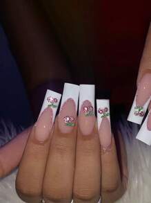 24入組棺材形狀粉色底部,白色法式指尖和櫻桃裝飾可愛風格美甲貼紙,附贈果膠膠水 - 彩色 - 查看 1