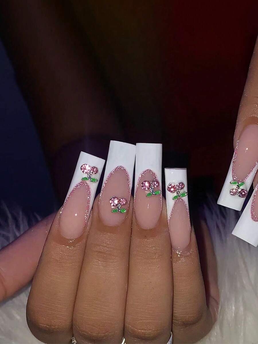 24入組棺材形狀粉色底部,白色法式指尖和櫻桃裝飾可愛風格美甲貼紙,附贈果膠膠水 - 彩色 - 查看 1