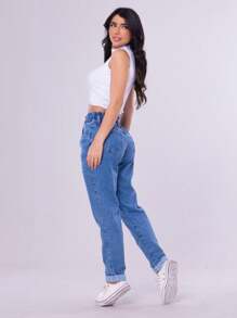 Women Jeans - 深色水洗藍 - 查看 5