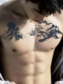1pc Waterproof Watercolor Mountain Flower Chest Temporary Tattoo Sticker For Men, Non-reflective, Suitable For Chest/back - Black - View 1