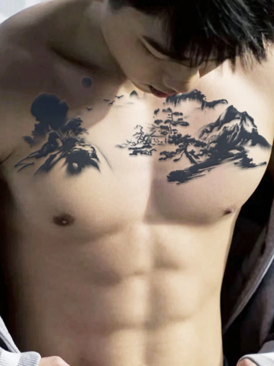 1pc Waterproof Watercolor Mountain Flower Chest Temporary Tattoo Sticker For Men, Non-reflective, Suitable For Chest/back - Black - View 1