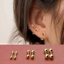 Aretes De Bola Redonda De Plata De Doble Cara - Plateado - Ver 3