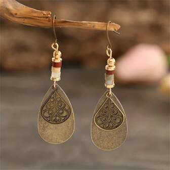 1 Pair Bohemian Vintage Water Drop Carved Pendant Earrings, Women's Fashionable Wedding Party Jewelry Gift
