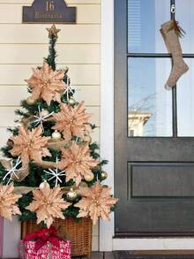 4 件 4 色 24 厘米/9.45 英寸人造圣诞花，带茎和金粉织物，约 59 克最佳礼物 - 香檳色 - 查看 6