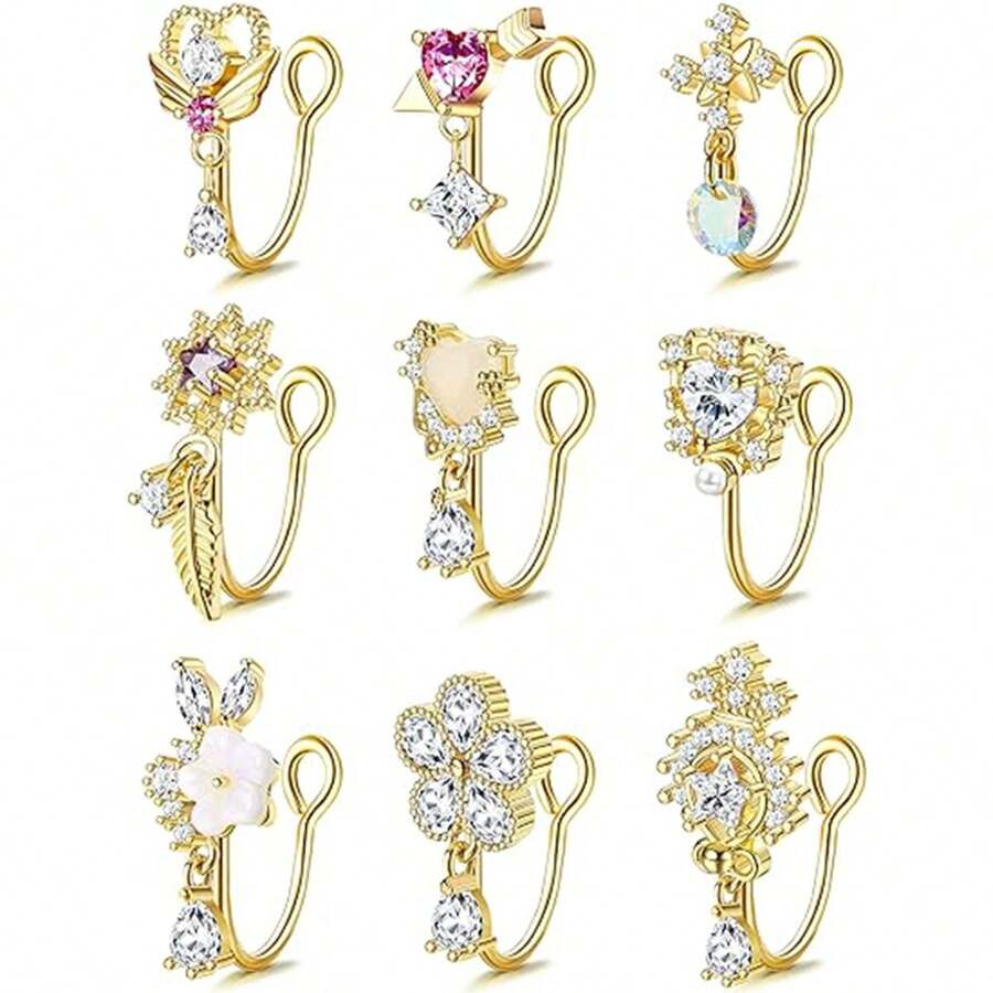 9入組女士假鼻環掛鼻袖假夾鼻環,適用於不需打洞的鼻環