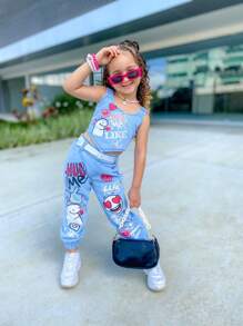Young Girls Denim Two-piece Outfits - Blue - View 4