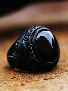 1pc Vintage European And American Style Alloy Ring With Black Turquoise & White Cracks For Men, Suitable For Daily Wear - Black - View 2