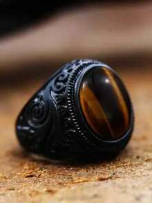 1pc Vintage European And American Style Alloy Ring With Black Turquoise & White Cracks For Men, Suitable For Daily Wear - Black - View 4