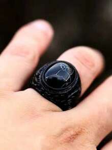 1pc Vintage European And American Style Alloy Ring With Black Turquoise & White Cracks For Men, Suitable For Daily Wear - Black - View 9