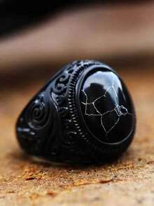 1pc Vintage European And American Style Alloy Ring With Black Turquoise & White Cracks For Men, Suitable For Daily Wear - Black - View 5
