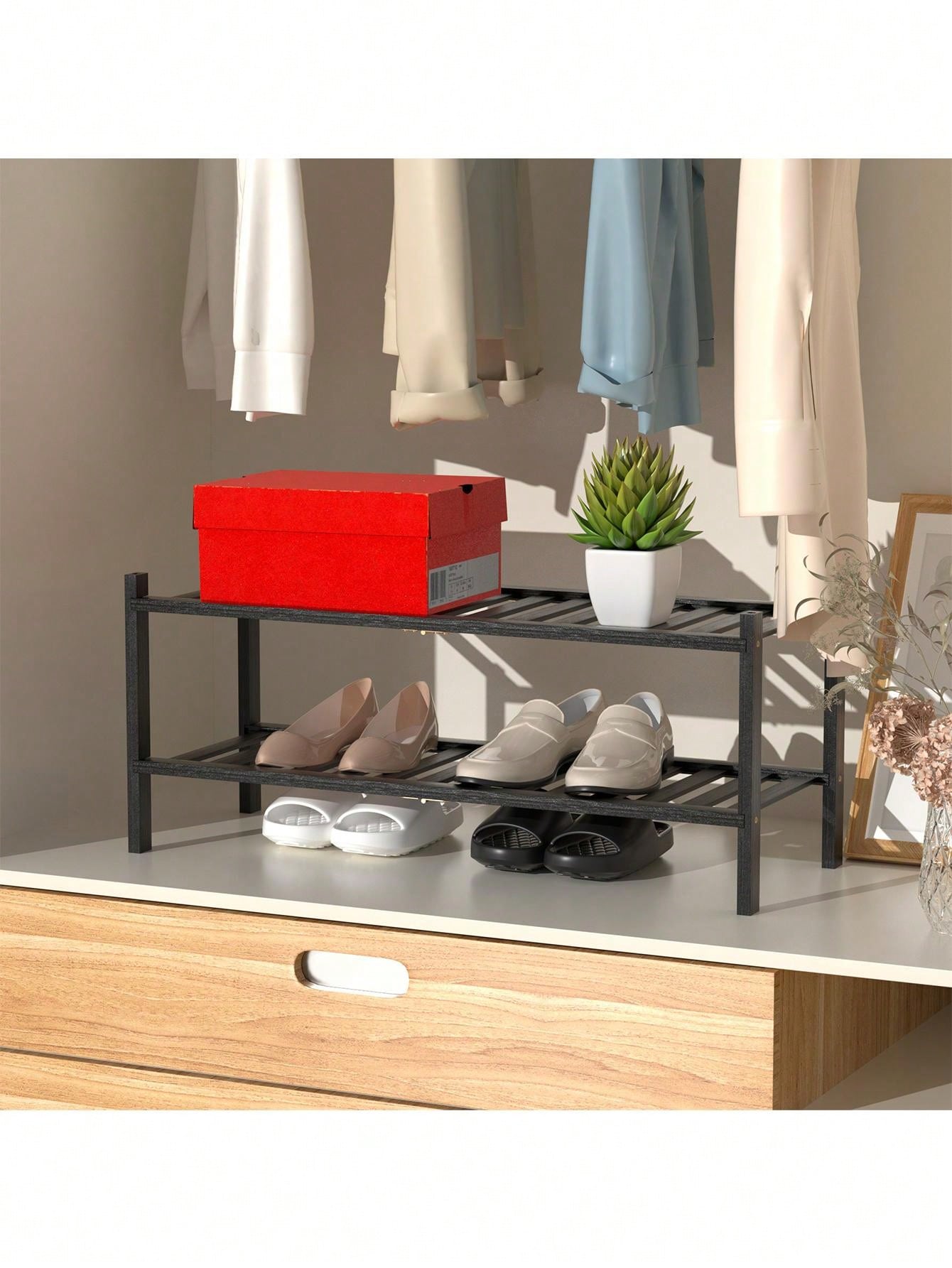 Natural Bamboo Shoe Rack Stackable Storage Shelf with MultiFunction