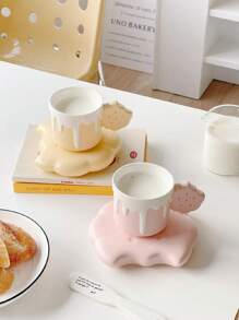 1pc 240ml Ceramic Biscuit Mug & Saucer Set, Coffee Cup Design For Afternoon Tea Cute And Exquisite High-Grade Tea Set - Pink - View 2