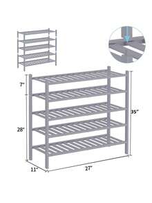 Collapsible 5-Tier Natural Bamboo Shoe Rack - Stackable Storage Shelf With Multi-Function Combinations - Free Standing Shoe Racks For Convenient Shoe Organization 11" D X 27" W X 35" H - Grey - View 2