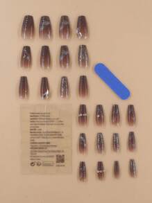 24pcs/Set Coffin Shaped False Nails With 1pc Nail File And 1pc Soak-Off Gel Press On Nails Nail Supplies