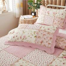 Brandream Pink Rose Floral Patchwork Quilts Cotton Queen Size Quilted Comforter Set Rustic Country Coverlet Bedspread Set 3-Piece - 粉色 - 查看 4