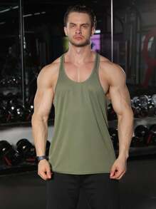 男士運動紗袖無袖y字背健身背心,快乾及肌肉網紋設計,適用於休閒日常訓練、跑步等運動。運動服男基礎款t恤 - 軍綠色 - 查看 2