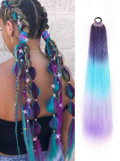 Ponytail Extension With Hair Tie 26 Inch Colored Hair Extensions For Braiding Colorful Ombre Pony Tail Hair Extensions For Braids Rainbow Festival Rave Crazy Hair Day 1 Pack (Blue Purple/Sky Blue/Light Purple)