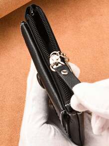 1pc Solid Color Minimalist PU Leather Coin Purse Large Capacity Multifunction With Money Holder Zipper Wallet For Credit Card With Zipper Card Holder Portable Waterproof Small Wallet For Travel And Daily For Men And Women Travel Accessories Wallet Keychain - Black - View 5