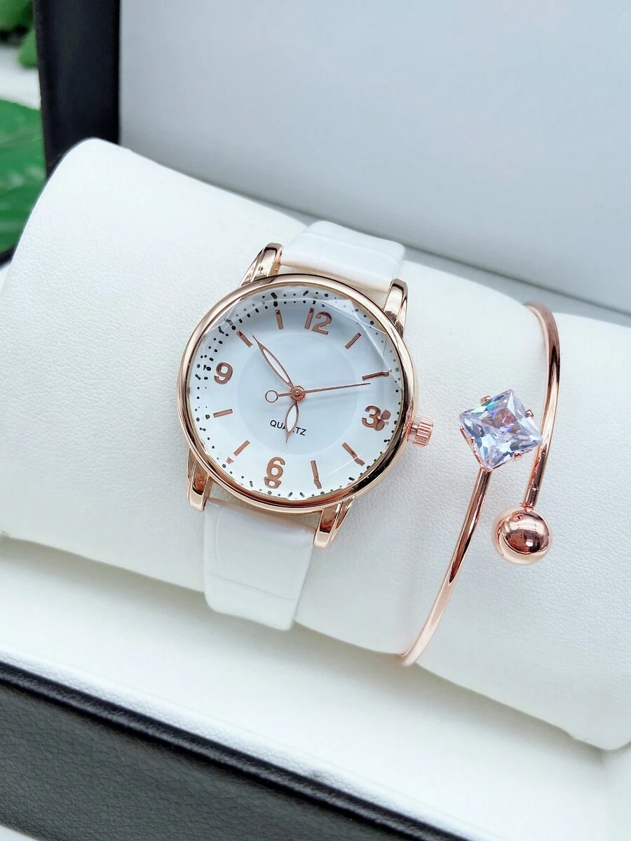 1入組白色女士手錶套裝,帶方切割鑽石手鍊
