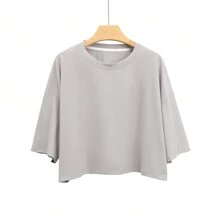 短款純色圓領t恤,多種顏色可選,適用於春夏家居服裝 - 灰色 - 查看 1