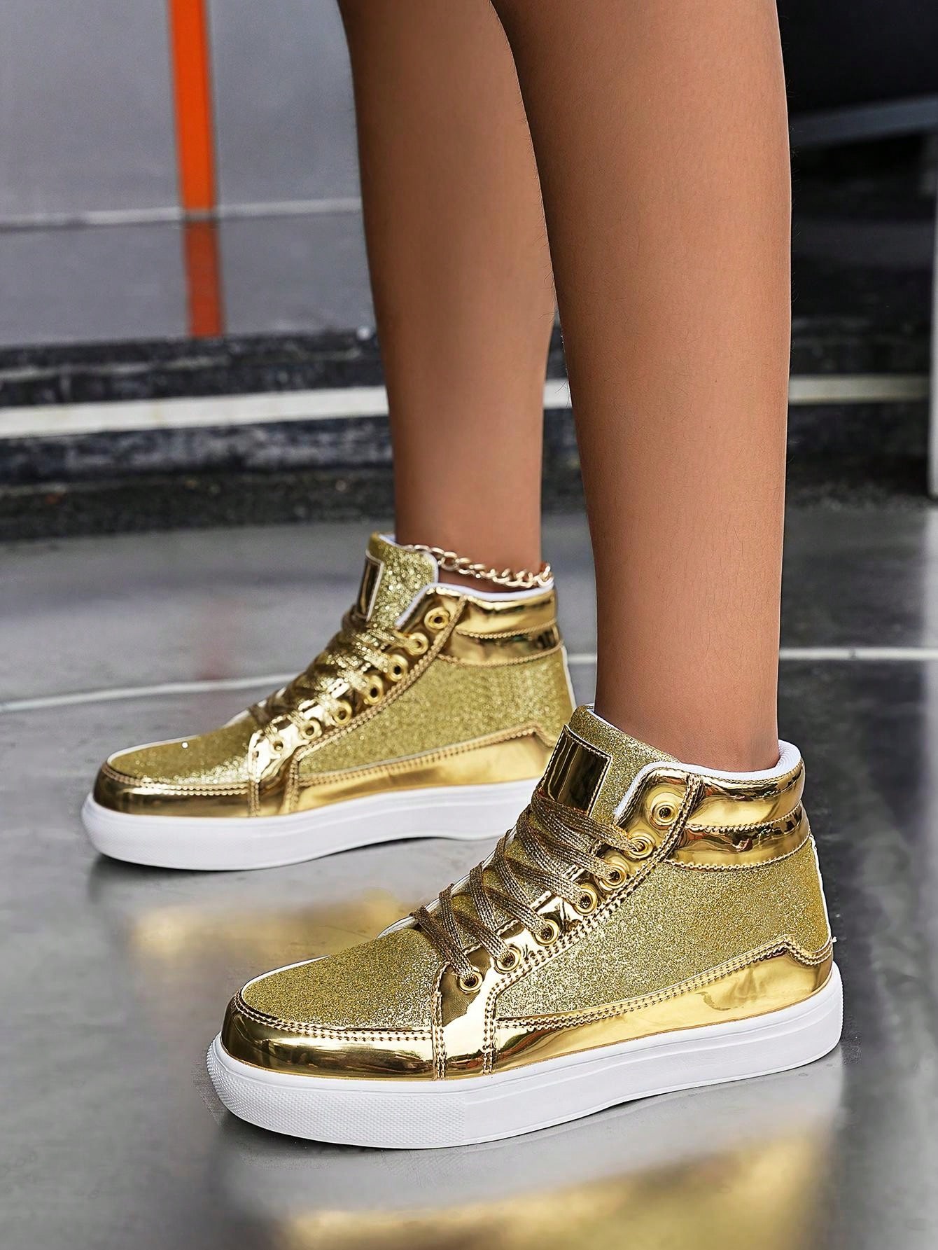 Unisex High Top Shiny Gold Dance/wedding/party Sneakers, Versatile