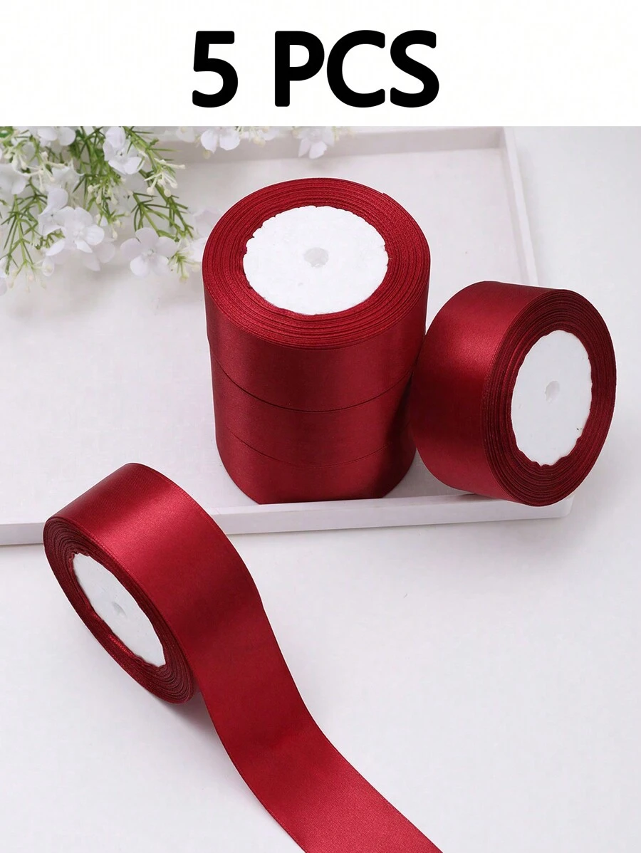 5卷缎带，DIY玫瑰花材料，蛋糕装饰缎带，礼品包装，婚礼，派对，情人节，毕业典礼，母亲节，生日，新娘，伴娘，劳动节，独立日，手工玫瑰，新年 - 酒紅色 - 查看 1