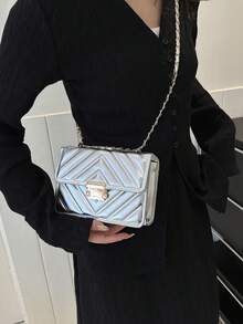 Fashionable Texture Solid Color Chain Shoulder Bag - Silver - View 4