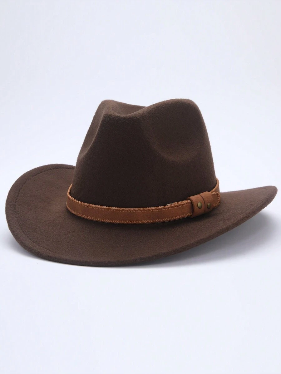 男女適用的西部風格羊毛牛仔帽,帶有紋理的帽頂,適用於戶外旅行 - 咖啡棕 - 查看 1