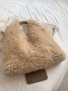 秋天和冬季新款流行時尚卡其色人造包簡單設計女性包通勤日期大容量托特包 - 卡其色 - 查看 4