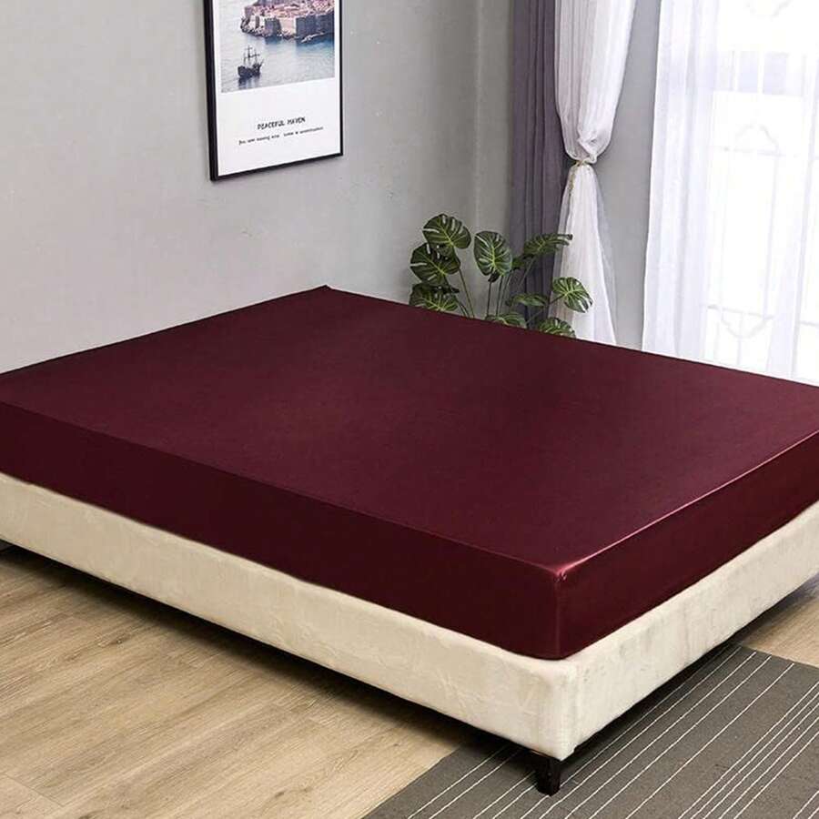 1個酒紅色柔軟實色床單 - 模擬絲緞寢具床單適用於臥室和宿舍 - 不包括枕頭套 - 酒紅色 - 查看 1