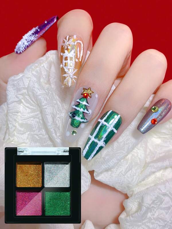 4 Colori Polvere per Unghie Olografica Serie Natalizia, Polvere Glitter Camaleonte Solida per arte di unghie