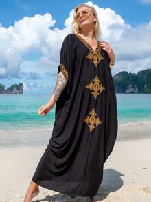 黑色刺繡蝙蝠袖屋有帶子長袖衣服洋裝 - 黑色 - 查看 3