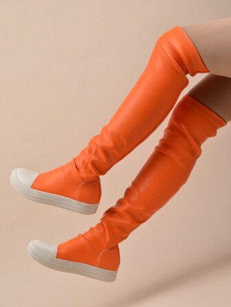 Platform Elastic Over the Knee Boots Women Stretch Slim Long Casual Boots Pleated Designer Orange Ladies Shoes
