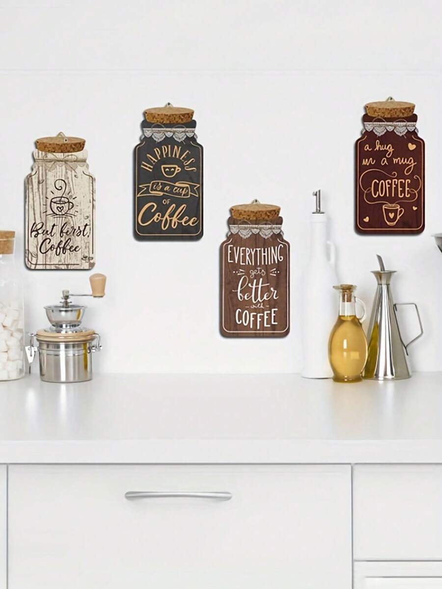 4入組咖啡木質招牌掛牆飾品,罐子造型裝飾牌,室內裝飾家居咖啡廳店鋪神器 - 棕色 - 查看 1