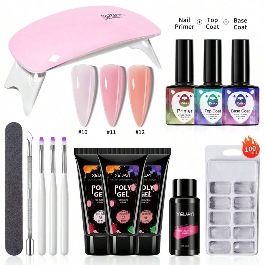 XEIJAYI 3件套15毫升美甲凝胶套装，包含延长胶、底胶、封层、清洁液和美甲贴片，适合初学者，也是送给女性的美甲护理好礼。