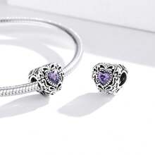 bamoer 1 PC 925 Sterling Silver Purple Shining Stone Collection Charms Love Drop Pendant fit for Charm Bracelet Vintage Pattern Beads