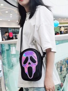 Yogodlns Laser Ghost Patch Shoulder Bag Punk Zipper Crossbody Bag Niche Girls Purse For Gift Ghost Pattern Shoulder Bag, Zipper Crossbody Bag, Casual Purse For Shopping - Mauve Purple - View 3