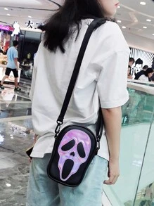 Yogodlns Laser Ghost Patch Shoulder Bag Punk Zipper Crossbody Bag Niche Girls Purse For Gift Ghost Pattern Shoulder Bag, Zipper Crossbody Bag, Casual Purse For Shopping - Mauve Purple - View 4