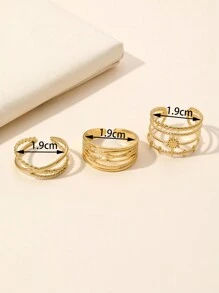 3入組不銹鋼金黃色開口可調節時尚裝飾戒指,適合日常裝飾或送禮 - 金黃色 - 查看 2