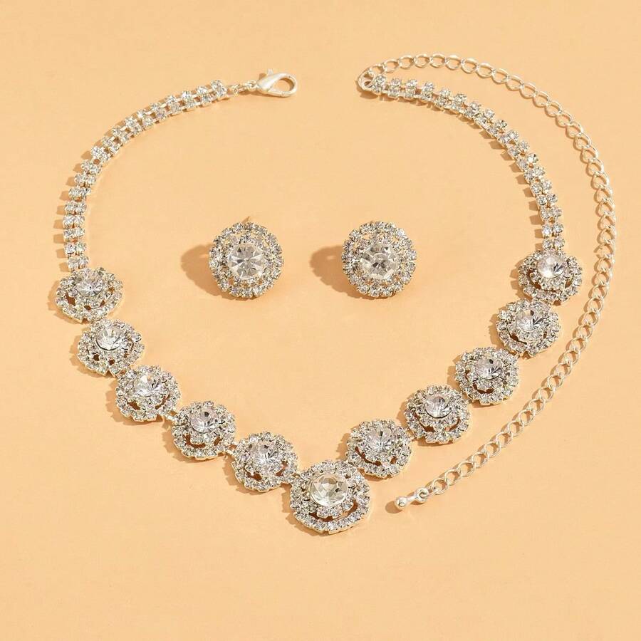 婚禮珠寶閃耀的全鑲鑽幾何圓頸鏈和耳環攝影珠寶套裝婚禮珠寶