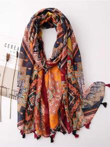 1條男士Bohemian風格Bali印花圍巾，流蘇設計，適合節日，派對，日常通勤，旅遊和度假等場合。Boho - 彩色 - 查看 1