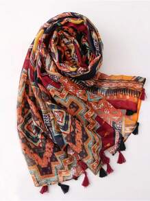 1條男士Bohemian風格Bali印花圍巾，流蘇設計，適合節日，派對，日常通勤，旅遊和度假等場合。Boho - 彩色 - 查看 3