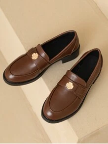 女士pu皮粗跟便鞋,具有小而精致的設計感,英國風格的圓頭復古懶人鞋,適用於春秋季節 - 棕色 - 查看 3