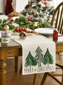 1pc Linen Christmas Tree Pattern Table Runner For Home Restaurant Hotel, Christmas Gift - Beige - View 2