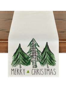 1pc Linen Christmas Tree Pattern Table Runner For Home Restaurant Hotel, Christmas Gift - Beige - View 1