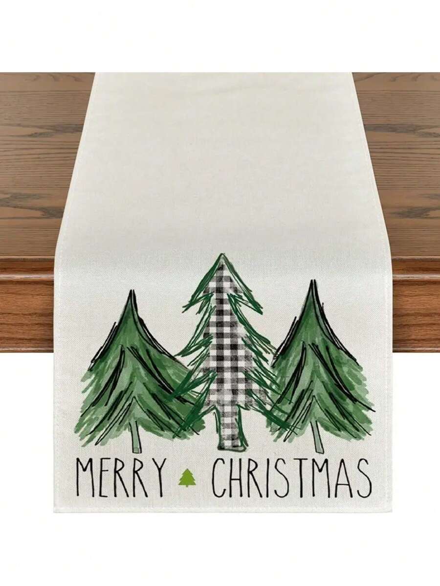 1pc Linen Christmas Tree Pattern Table Runner For Home Restaurant Hotel, Christmas Gift - Beige - View 1